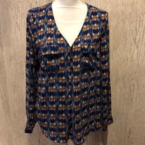 Skies Are Blue Half Button Down Patterned Blouse - Picture 1 of 8